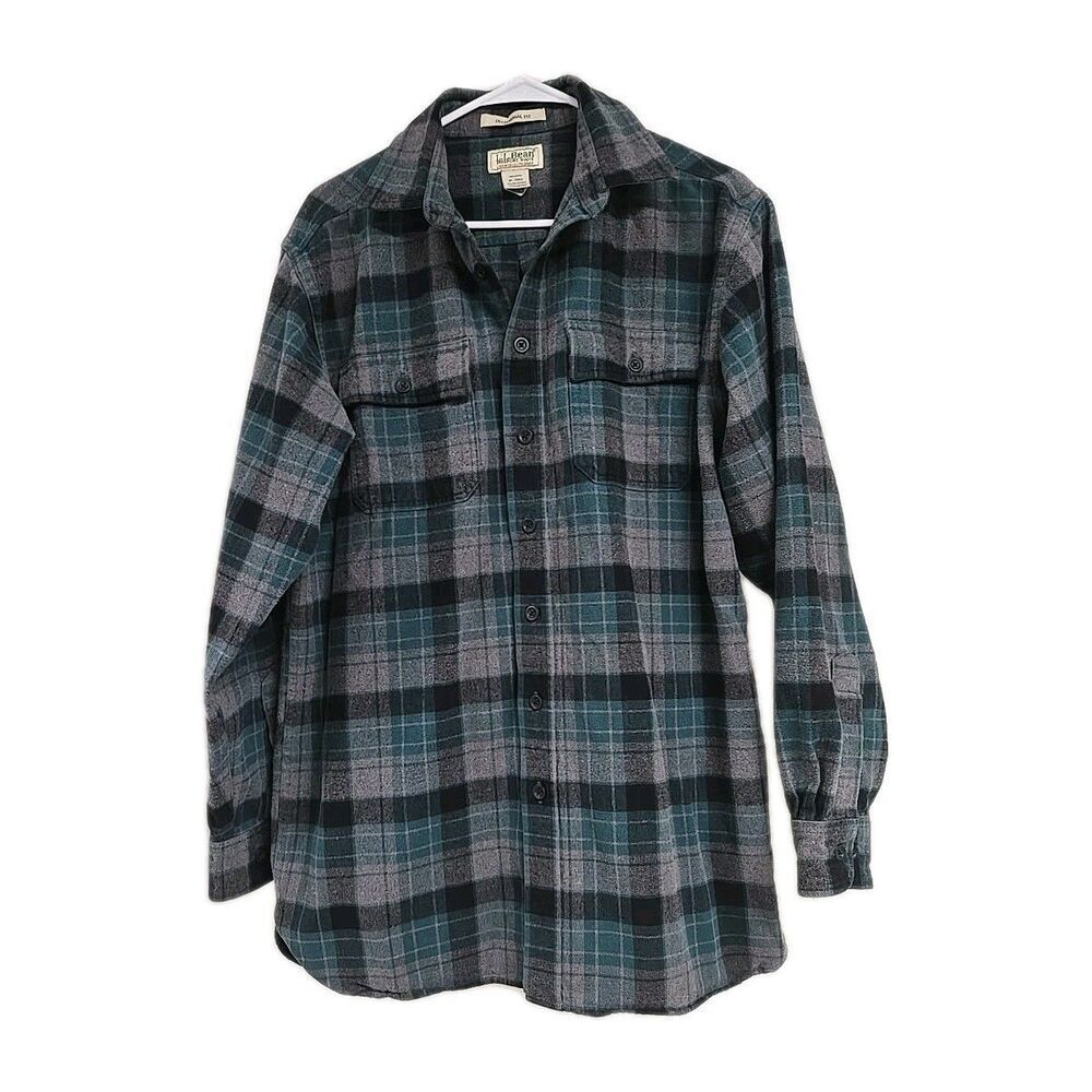 L.L. Bean Traditional Fit Chamois Cloth Tartan Plaid Green Black Men’s Sz M TALL